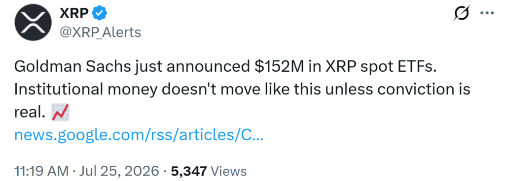 Goldman Sachs' reported $152 million XRP spot ETF position has been framed as fresh evidence of strong institutional conviction in XRP