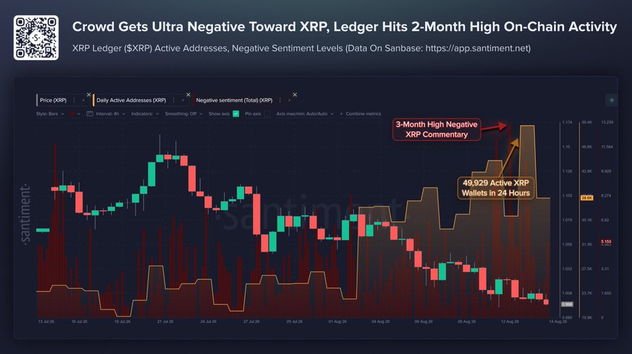 the On-chain data chart counters the bearish sentiment, with XRP Ledger active addresses surging to 49,929 in a single day
