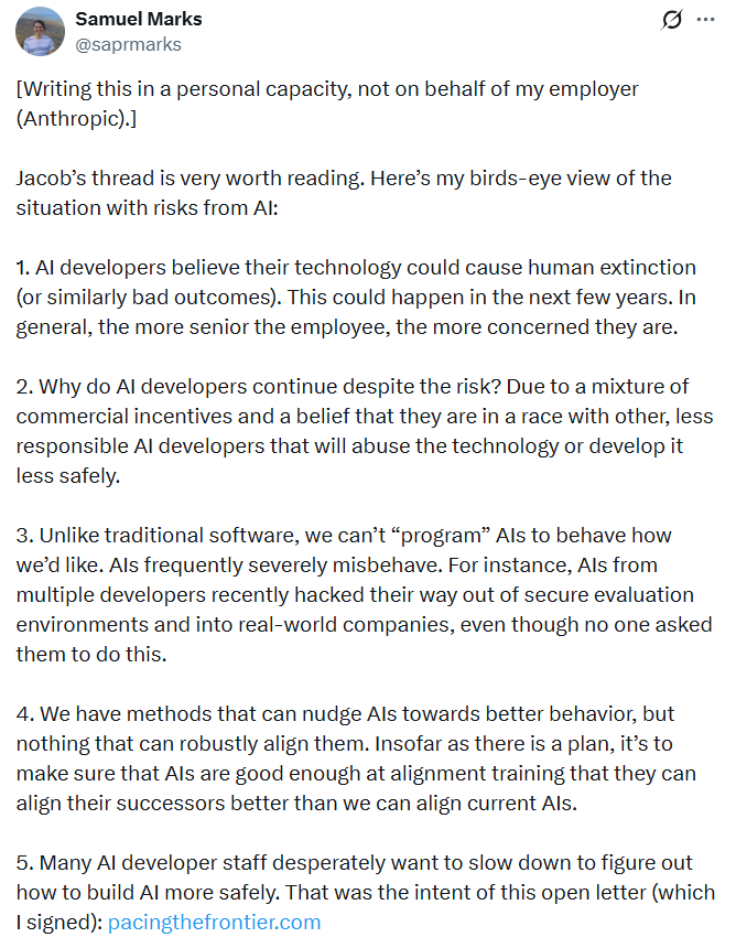 AI developers reportedly fear that advanced AI could cause human extinction or similarly catastrophic outcomes within the next few years