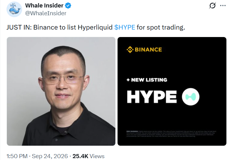 Binance lists Hyperliquid HYPE news