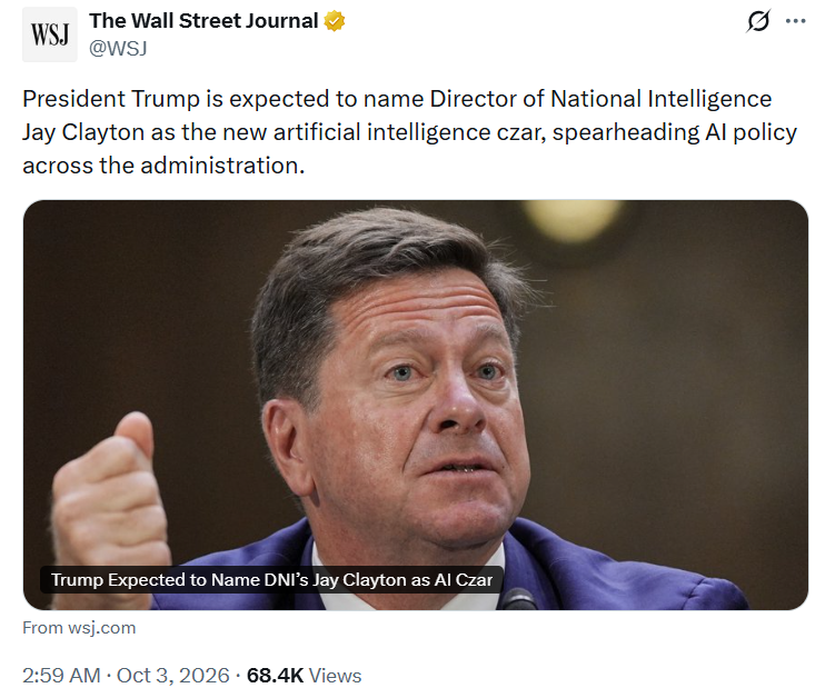 President Trump is expected to appoint Director of National Intelligence Jay Clayton news report